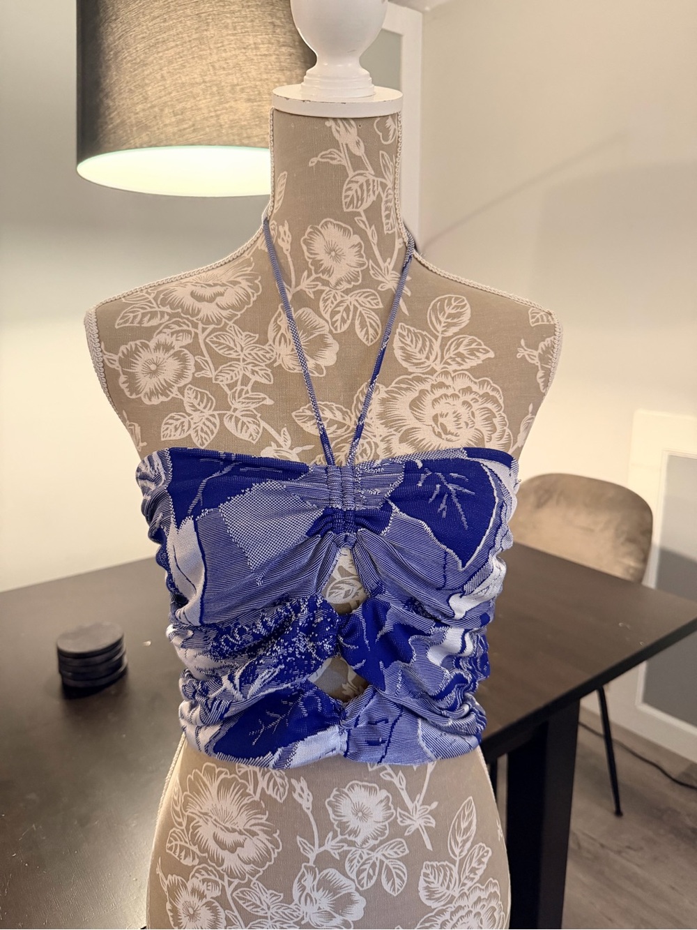 Zara Blue Halter Ruched Crop Top Large